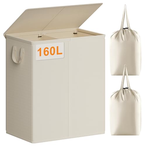 Chrislley Double Laundry Hamper with Lid, 160L Laundry Basket 2 Section - color: Beige, size: 160L(25.0"L x 14.2"W x 27.2"H)