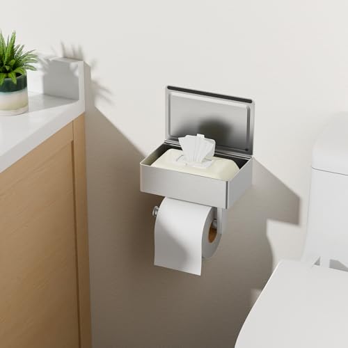 FORIOUS Toilet Paper Holder with Shelf, Wall-Mounted Modern Wipes Dispenser - color: Stainless Steel, size: Big 1 Pack-8" (L)