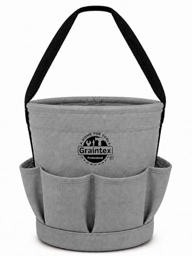 Graintex Tapered Canvas Bucket 12"x10"x15", Utility Tool Bucket 6 Pockets Outside, Reinforced Base & Carry Handle, Ripstop Canvas, Multi-Purpose Bag for Jobsite & Home Use (Steel Grey) - color: Steel Grey