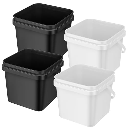 Mifoci 4 Pcs Plastic Bucket 5 Quart Square Cleaning Bucket Utility Small Pail with Handle for House Cleaning Storage Livestock Feeding Car Washing (White,Black) - color: White, Black