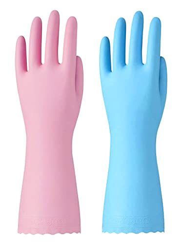Bamllum Kitchen Cleaning Gloves, Latex-Free, Cotton Flocked Liner, Large - color: Blue+pink, size: Large