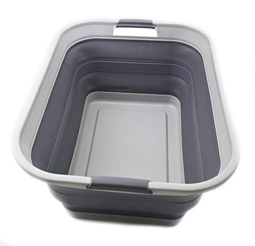 SAMMART 42L(11 gallon) Collapsible Plastic Laundry Basket-Foldable Pop Up Storage Container/Organizer-Portable Washing Tub-Space Saving,Water capacity 34L(9 gallon) (1 Rectangular - strengthen, Grey) - color: Grey, size: 1 x 42L Rectangular