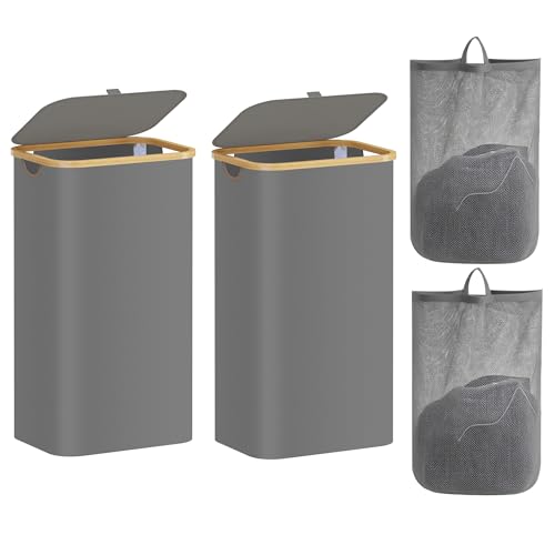 2-Pack 100L Bathroom Dirty Clothes Basket, Laundry Hamper with Lid, Collapsible Laundry Basket, Bedroom Storage Case with Bamboo Support, with Handles and Removable Inner Bag (Grey) - color: Grey