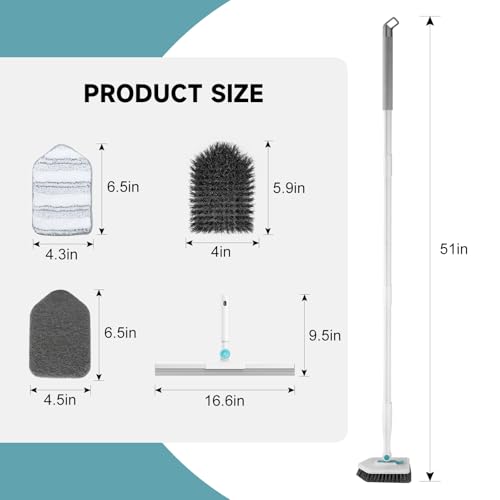 nacena Shower Scrubber with Long Handle, 4 in 1 Tile Tub Scrubber Brush with 3 Detachable Cleaning Shower Heads and Floor Squeegee Shower Cleaner Brush for Bathroom Kitchen Tub Sink Floor, Blue White - color: Blue White, size: 2 pads+squeegee