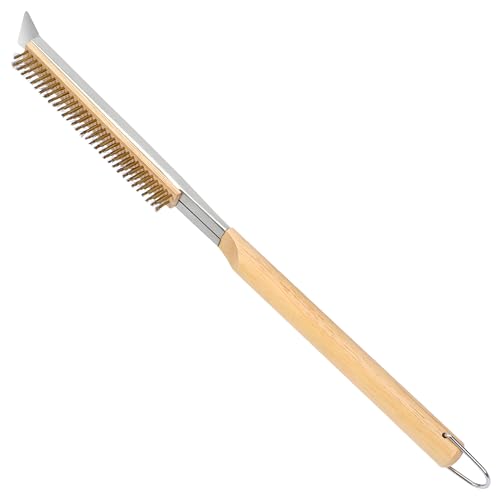 21'' Pizza Brush with Stainless Steel Stone Scraper - Brass Bristles - Wood Handle - Hanging Ring - Outdoor Pizza Oven Accessory - Compatible with Ooni, Gozney, Blackstone, Solo Stove Ovens - size: 21 Inch