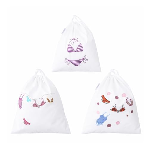 Lingerie Drawstring Bags Set of 3, 15x15 inch, 100% Pure Cotton, Cute Embroidery Pouch for Underwear, Swimwear, Delicates & Travel Storage, Washable Beach Bags for Women (White) - color: Women - White - Cute