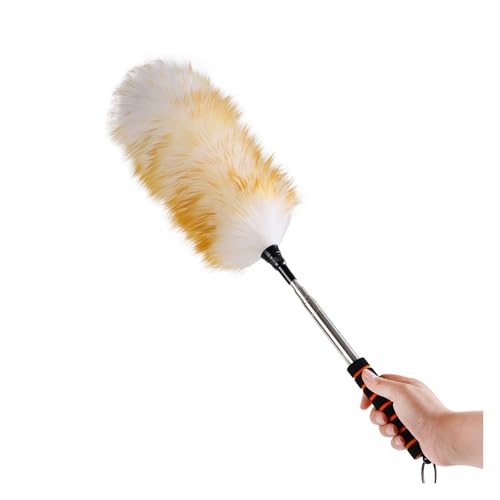 Lambswool Extendable Cleaning Duster 26-64 Inch, Anti-Static Wall Duster Cleaner with Sponge Grip and Stainless Steel Extension Pole for High Ceiling Fan, Interior, and Roof Dusting - Yellow & White - size: 26-64 Inch