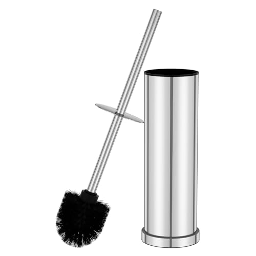 Silver Toilet Brush and Holder Set，Stainless Steel Heavy Duty Toilet Bowl Brush，Extra Long Handled Modern Toilet Cleaner Brush with Replaceable Head, Removable Inner Bowl, and Splash Protection - color: Silver