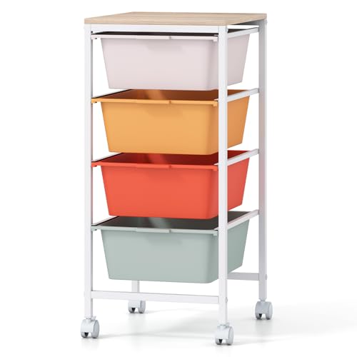 Giantex Rolling Storage Cart with 4 Drawers, Utility Cart w/Wooden Tabletop, Lockable Wheels, Multipurpose Organizer for Art Craft Scrapbook Paper, Drawer Carts for Dorm Classroom Office, Macaron - color: Macaron, size: 4 Drawer-13"x14.5"x28"
