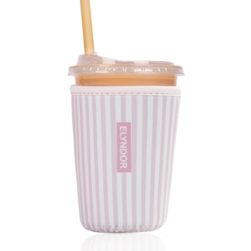 Reusable Insulated Sleeve for Iced Coffee Cup, Coffee Neoprene Sleeve for Cold & Hot Drinks, Beverage Holder for Iced Coffee (Pink Stripes, Small: 16-18oz) - color: Pink Stripes, size: Small: 16-18oz