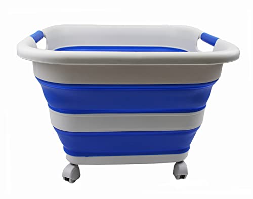SAMMART 39L (10.3 Gallons) Collapsible Plastic Laundry Basket with Wheels-Foldable Pop Up Storage Container (1, Grey/Purplish Blue) - color: Grey/Purplish Blue