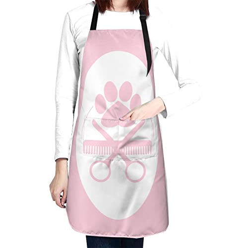 Perinsto Waterproof Apron With 2 Pockets Kitchen Chef Aprons Bibs For Cooking Baking Painting Gardening Grooming - color: Dog Grooming (Pink)