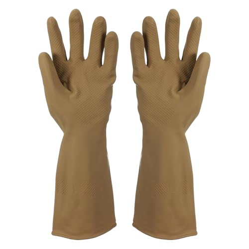uxcell Rubber Cleaning Gloves, Reusable Household Dishwashing Long Rubber Gloves with Non-slip Grip - color: Brown, size: Large