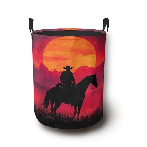 Western Cowboy Laundry Basket,Red Sun Foldable Oxford Cloth Laundry Hamper with Handles Waterproof Dirty Clothes Storage Basket for Bathroom Bedroom Dorm Room 16" x 20.8" - color: Western Cowboy Red Sun