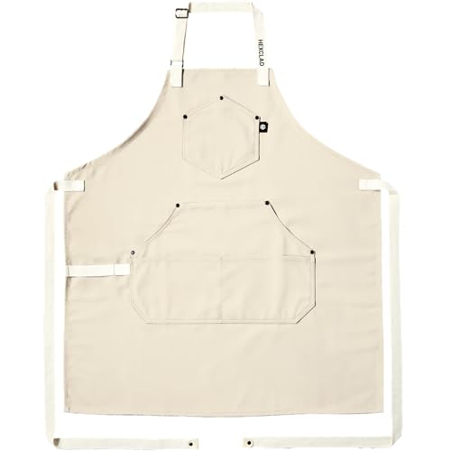 HexClad Eco Modern Chef Apron for Cooking and Grilling, Professional HexTwill Fabric Aprons with Pockets - color: Ecru