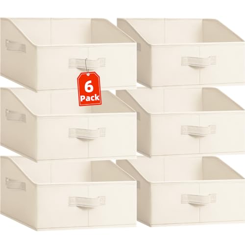 Criusia Closet Organizers Bins 6 Pack - Large Closet Shelf Organizer with Handles - Fabric Trapezoid Home Organization and Storage Baskets for Organizing Clothes Toy Blanket Towel Purse Hats - color: Beige, size: 6 pack-Large