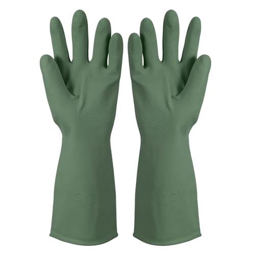 uxcell Rubber Cleaning Gloves, Reusable Household Dishwashing Long Rubber Gloves with Non-slip Grip - color: Dark Green, size: Large