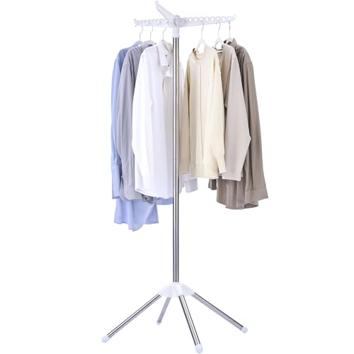 CASAMAYA Clothes Drying Rack Foldable, 59 inch Tripod Laundry Drying Rack Indoor with Rotating Clothes Rail for 27 Pieces of Clothes, Space Saving, Stainless Steel, White and Silver CDR001W01 - color: White + Silver, size: 1-Tier Standard