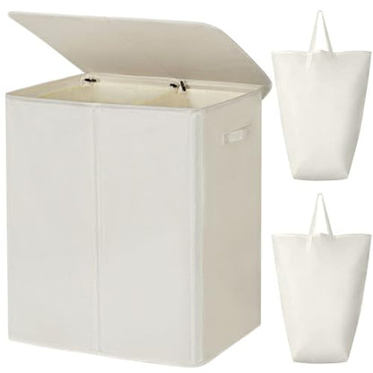 WOWLIVE 140L Double Laundry Hamper 2 Section with Lid and Removable Bags - color: Beige, size: 140l (23.6x 13.8x 25.6 Inches)