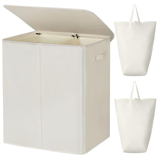 WOWLIVE 140L Double Laundry Hamper 2 Section with Lid and Removable Bags - color: Beige, size: 140l (23.6x 13.8x 25.6 Inches)