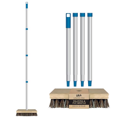 LOLA Deck Scrub Brush, 9" x 3.5" Head w/Palmyra & PVC Bristles for Outdoor Cleaning, Removes Dirt & Grime from Patios, Decks, Grout, 1 CT - color: Palmyra & Pvc Deck Broom -Steel Handle, size: 1 Count