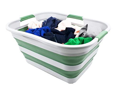 SAMMART 30L(8 gallon) Collapsible Plastic Laundry Basket - Foldable Pop Up Storage Container/Organizer - Space Saving Hamper/Basket - Water Capacity 24L(6.3 gallon) (1, Grey/Dark Sea Green) - color: Grey/Dark Sea Green