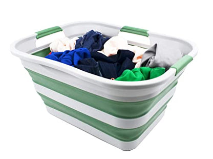 SAMMART 30L(8 gallon) Collapsible Plastic Laundry Basket - Foldable Pop Up Storage Container/Organizer - Space Saving Hamper/Basket - Water Capacity 24L(6.3 gallon) (1, Grey/Dark Sea Green) - color: Grey/Dark Sea Green