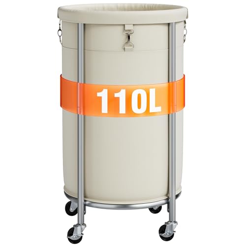 ELYKEN Laundry Basket with Wheels, Round Rolling Laundry Hamper, Cream - color: Cream, size: 110L