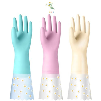 KAQ Reusable Household Cleaning Gloves Rubber: 3 Pairs Latex Free Kitchen Gloves for Washing Dishes with Cotton Lined - size: Large (Pack of 3)