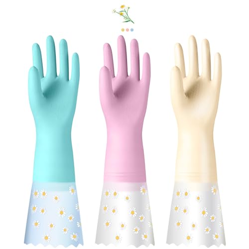 KAQ Reusable Rubber Cleaning Gloves for Dishwashing: 3 Pairs Latex Free Household Kitchen Gloves for Washing Dishes - size: Medium (Pack of 3)