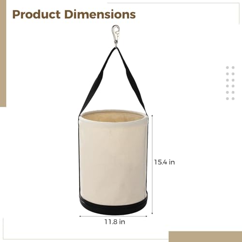 Utility Canvas Tool Bucket with Shoulder Strap, Hard Base All Purpose Canvas Bucket Bag, Heavy Duty Tool Organizer Bag with Metal Hook, Holds up to 150 Lbs