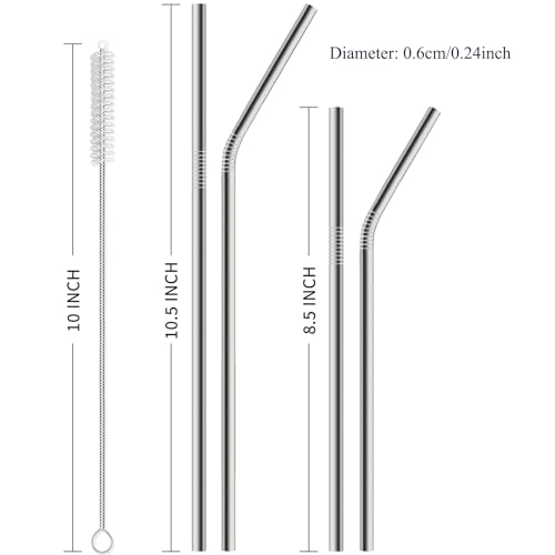 12 Pack of Reusable Stainless Steel Metal Straws, 3 Straight + 3 Bent 10.5 Inch and 3 Straight + 3 Bent 8.5 Inch Metal Straws with 2 Cleaning Brushes for 20 24 30 oz Tumbler Dishwasher Safef