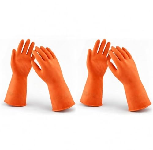 LADWA 2 Pairs Non-Slip Household Cleaning Reusable Dishwashing Gloves for Kitchen Washing Dishes Bathroom Gardening & Home Tasks Flexible Long-lasting Waterproof Gloves Perfect for Woman Men (Orange) - color: Orange, size: Pack of 2