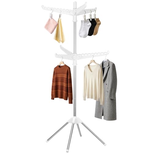 2-Layer Rotatable & Foldable Clothes Drying Rack 75" Stainless Steel Laundry Drying Tree with 6 Rotatable Arms, 4-Leg Free-Standing Hanger Stand for Indoor, Balcony, and Laundry Room