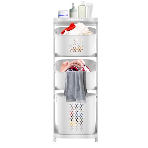 Clothes Hamper 3 Tier Rolling with Top Shelf, PP Plastic Laundry Sorter with Wheels, 3 Section Basket Organizer with Lockable Wheels, Tall Storage Basket for Bedroom Bathroom
