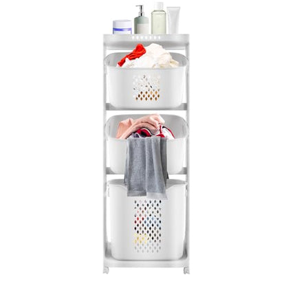 Clothes Hamper 3 Tier Rolling with Top Shelf, PP Plastic Laundry Sorter with Wheels, 3 Section Basket Organizer with Lockable Wheels, Tall Storage Basket for Bedroom Bathroom