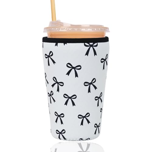 Reusable Insulated Sleeve for Iced Coffee Cup, Coffee Neoprene Sleeve for Cold & Hot Drinks, Beverage Holder for Iced Coffee (Black Bow, Large: 32oz) - color: Black Bow, size: Large: 32oz