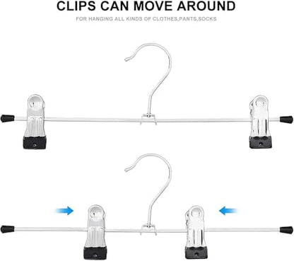 Metal Pants Shorts Hangers, Heavy Duty Kids Skirt Hangers with 2 Adjustable Non Slip Clips, Ultra Thin Space Saving 360 Degree Swivel Hook Stainless Steel Hanger 12 Pack