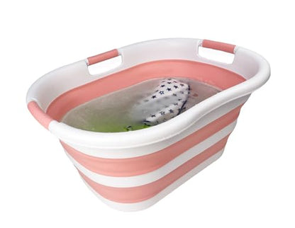 SAMMART 40L (10.5 gallon) Collapsible Plastic Laundry Hamper - Foldable Pop Up Storage Container/Organizer - Portable Washing Tub - Space Saving Basket (1, White/Quartz Pink) - color: White/Quartz Pink