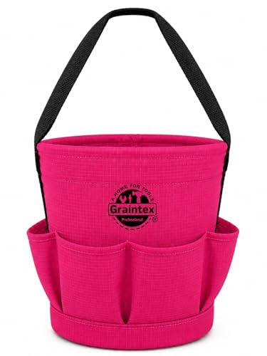 Graintex Tapered Canvas Bucket 12"x10"x15", Utility Tool Bucket 6 Pockets Outside, Reinforced Base & Carry Handle, Ripstop Canvas, Multi-Purpose Bag for Jobsite & Home Use - color: Pink