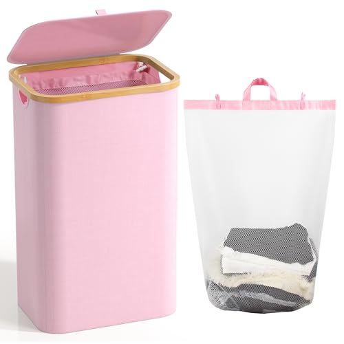 Bathola Laundry Hamper with Lid, Laundry Basket with Removable Bag, Pink - color: Pink, size: 100L