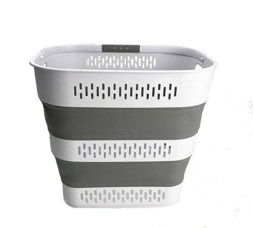SAMMART 40L (10.5 Gallon) Collapsible Plastic Laundry Basket with Handles - Foldable Pop Up Storage Container/Organizer - Portable Laundry Hamper - Space Saving (1, White/Grey) - color: White/Grey