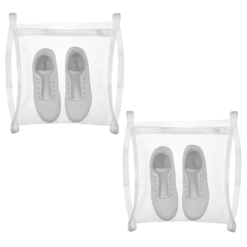 Xindojuz 2 Pack Shoe Washing Machine Bag, 15.75×14.96 Inch Sneaker Wash Dry Net Bag for Dryer, HoneyComber Large Mesh Laundry Bags with Zipper and Strap for Washing Machine Shoes Clothing (White)