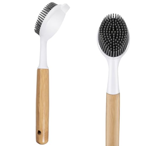 Bamboo Dish Brush with Handle – Kitchen Dish Brush with Nylon Bristles