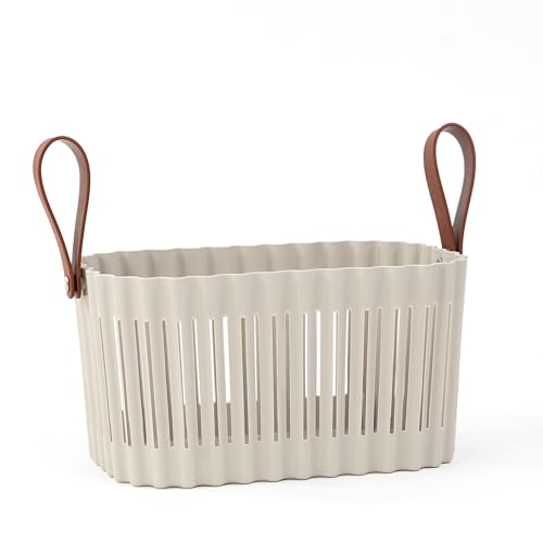 Medium Plastic Storage Basket with Soft Handles – Tan & Brown Decorative Bin for Bathroom, Dorm, or Desk – Rectangular Organizer Basket, 5.3L - color: Tan, size: 5.3L