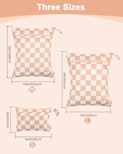 ALVABABY 3 Pack Wet Dry Bags for Cloth Diapers, Swimsuits & Gym Clothes, Waterproof Reusable Baby Diaper Bag with 2-Zippered Compartments, Hanging Strap, Machine Washable, Small/Medium/Large for Dayca - color: Beige grid