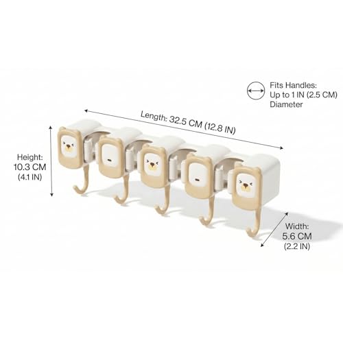 12.8 Inch Broom Holder Wall Mount - Self Adhesive Mop And Broom Organizer Wall Hanging, Cute Cleaning Tool Rack with 4 Grippers 5 Hooks - Brown/Yellow (Brown) - color: Brown
