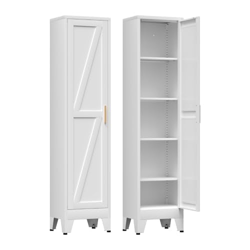 COFaR 67'' Tall Slim Bathroom Storage Cabinet, Metal Narrow Pantry Cabinet with 4 Adjustable Shelves and One Door, Skinny Cabinet Storage for Kitchen Laundry, White Farmhouse 5 Tiers - color: White, size: 11.81''D × 15.75''W × 66.93''H-S04