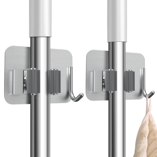 nacena 2 P No Drill Self Adhesive Broom Mop Holder Wall for Kitchen Bathroom Silver - color: Brushed Nickel, size: 2 Packs