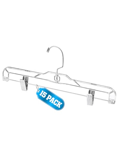AMKUFO Pants-Hangers-with-Clips-15-Pack, 14 Inch Clear-Plastic-Skirts-Hangers-with-Adjustable-Clips for Shorts Jeans Trousers, Clothes-Hangers Non-Slip Clip-Hangers - size: 15 Pack